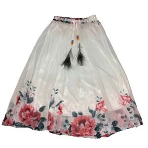 Skirt Womens One Size White Floral Midi Chiffon Elastic Waist Boho‎ Tassel